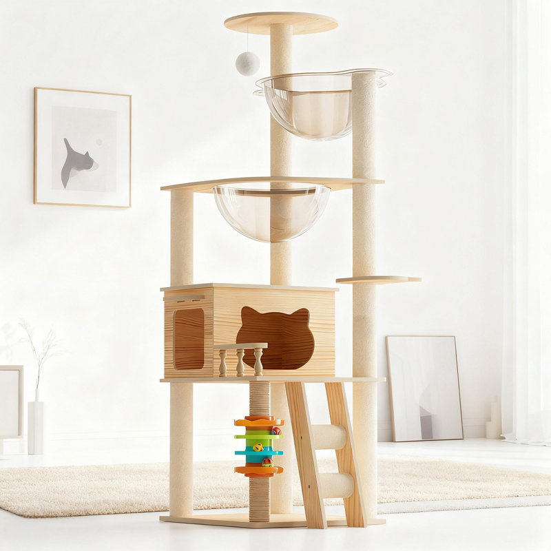 Tour à chat 59 po moderne, tour à chat en bois pour chats d'intérieur, arbre à chat avec poteaux à griffes recouverts de sisal et perchoir supérieur, maisonnette pour chat avec hamac en acrylique pour petits et grands chats