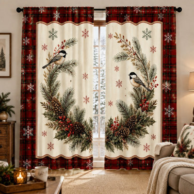 2 pièces rideaux à imprimé festif et couronne de pommes de pin, bordure à carreaux rustique avec flocons de neige, panneaux de fenêtre décoratifs pour les fêtes d'hiver pour le salon