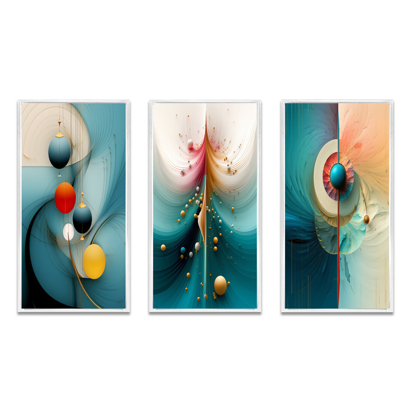 "Géométrie de la sagesse turquoise abstrait II" - 3 pièces, Cadre flottant blanc, H 28 po x l 36 po