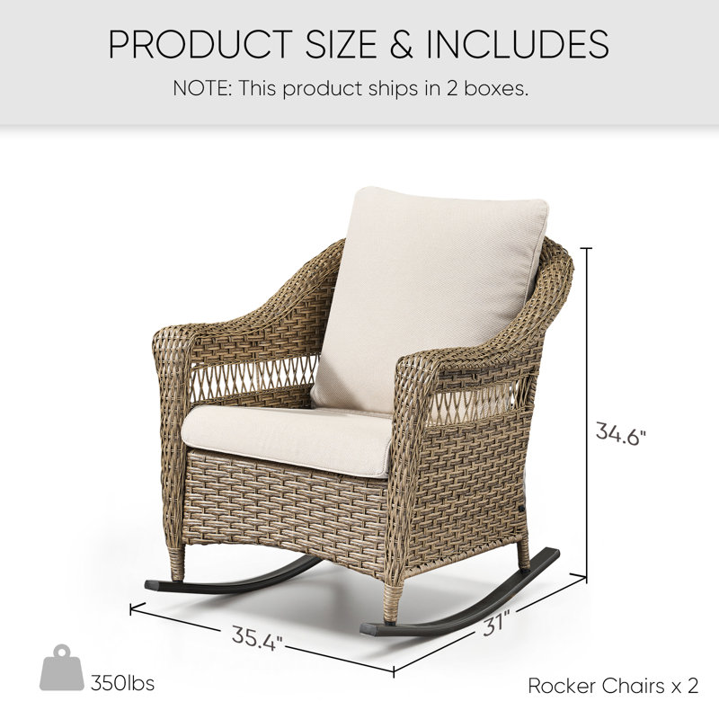 Chaise berçante d'extérieur à dossier haut avec coussins Quirama, Coussin blanc / cadre brun clair