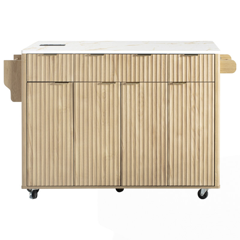 55.5" Fluted Kitchen Island with Storage, Natural