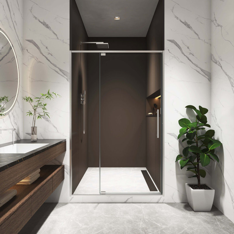 Porte de douche pivotante en nickel brossé, l 44-48 po x H 74 po, ouverture vers l'extérieur (s'arrête à 105 °), fabrication en verre trempé 5/16 po