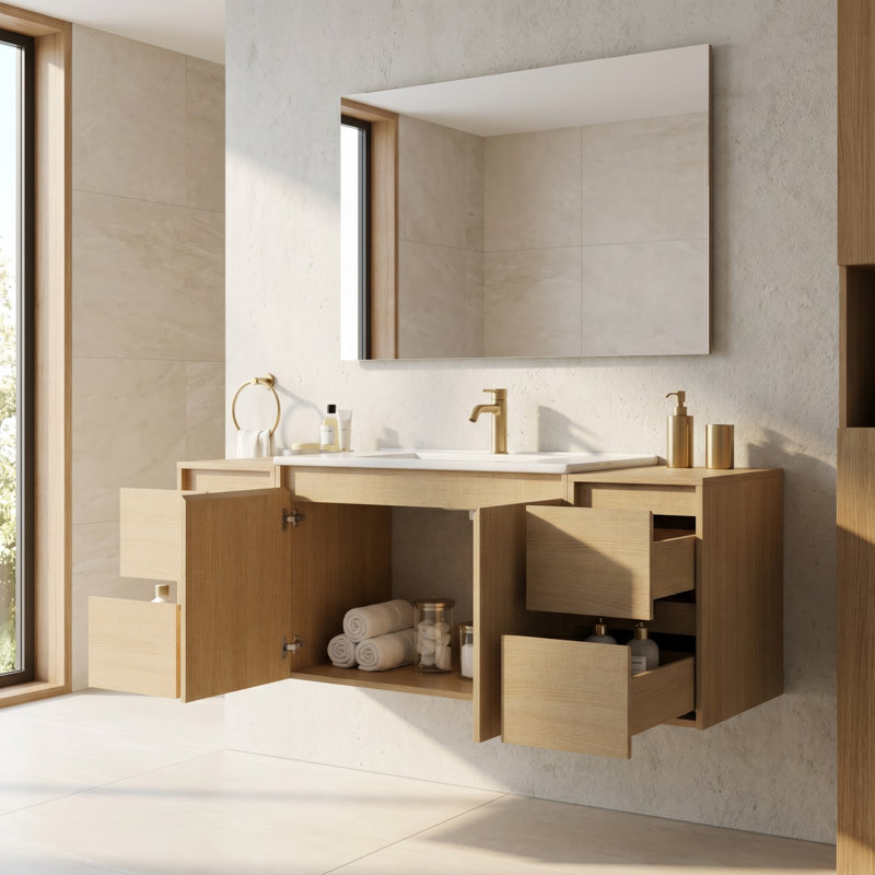 Meuble-lavabo simple 54 po avec lavabo en céramique et conception sans poignée, Frêne, 54"