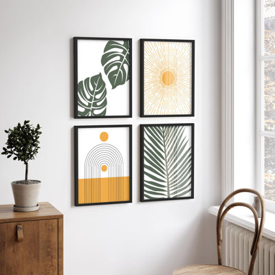 "Feuilles de Monstera tropicales - Boho géométrique - Illustration murale de feuilles de palmier" - 4 pièces