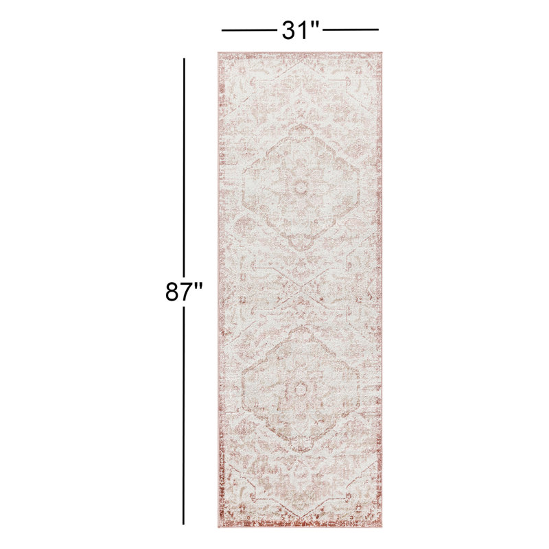 Tapis oriental rose / blanc Cabello, Tapis de couloir 2 pi 7 po x 7 pi 3 po