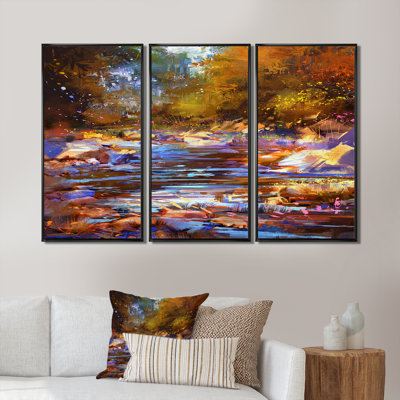 Fall River Lines with Colorful Stones In Forest - ensemble d'art mural sur toile traditionnel encadré de 3
