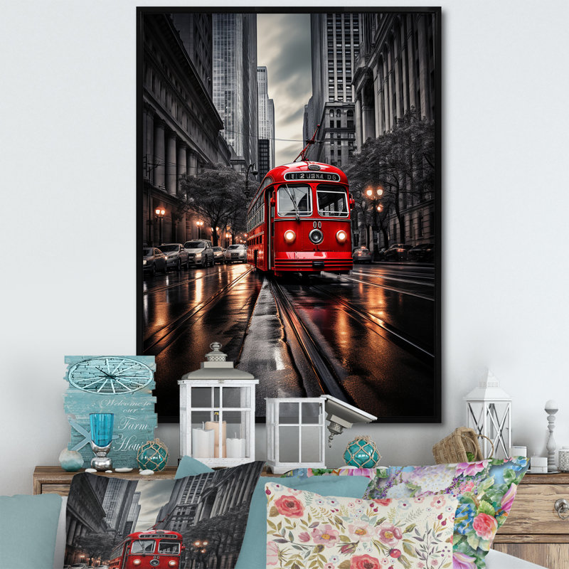 Red City Bus Rhythm I - Cityscapes Wall Art Prints, H 20 po x l 12 po, Cadre flottant noir