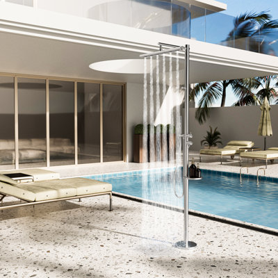 Douche d'extérieur autoportante 85,94 "avec pomme de pluie et douchette, système de douche de piscine en acier inoxydable 304 avec angle réglable, tablette et crochets, douche d'extérieur pour patio à haute pression