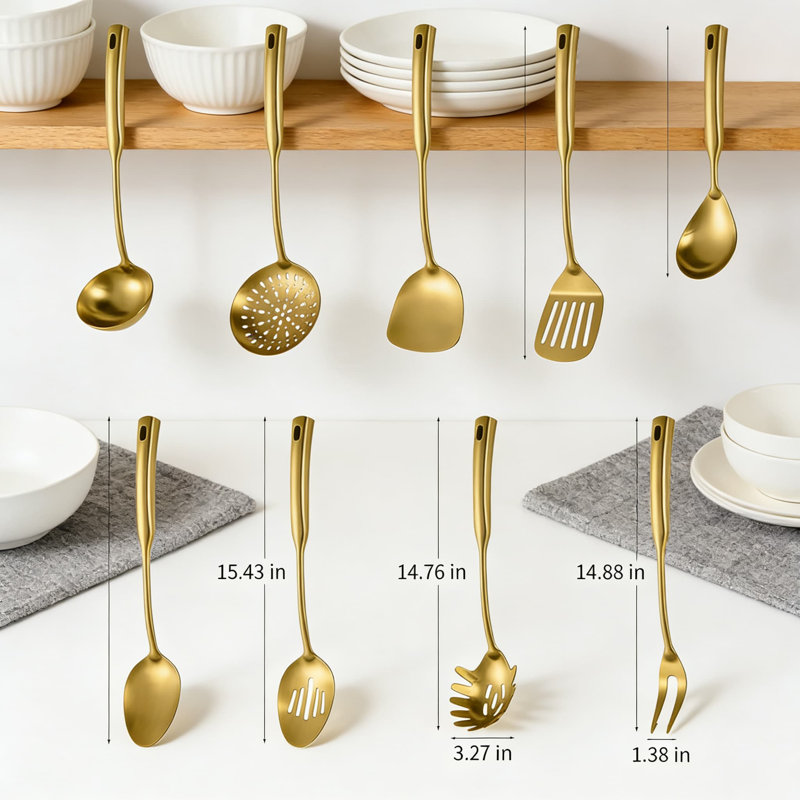 Ensemble 9 pièces d'ustensiles de cuisine en acier inoxydable 304 - Écumoire, louches, spatules, fourchettes et cuillères