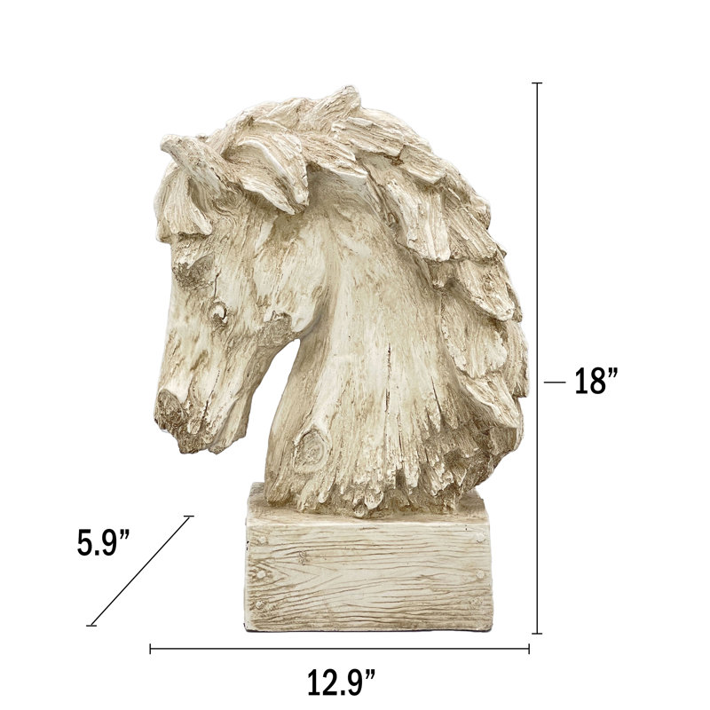 18" Horsehead Wood-Like Carving Statue Centerpiece, Naturel