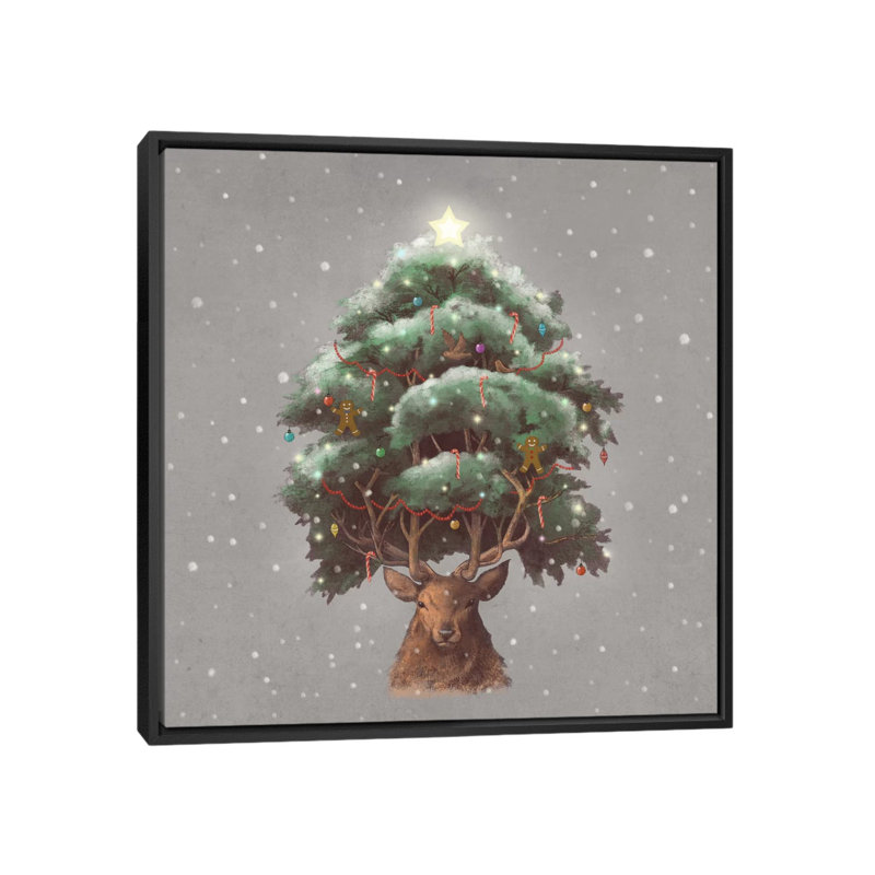 «Reindeer Tree», art sur toile, H 18 po x l 18 po x P 1,5 po, Toile avec cadre noir, Pas de tapis