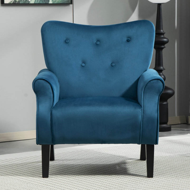 upholstery modern armchair with wood legs and wing back, Navy Blue Polyester