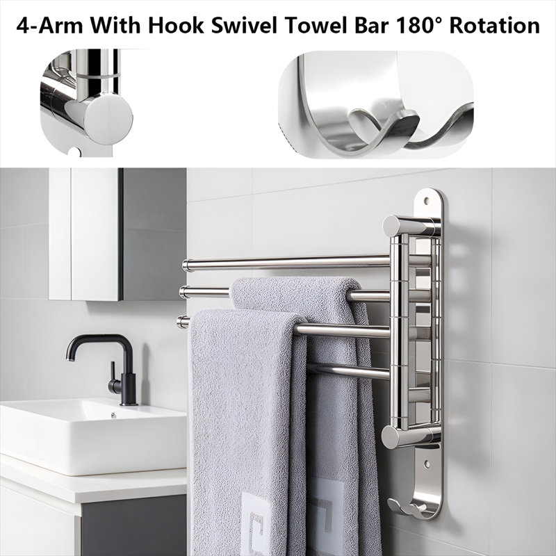 180° Rotatable 4-Arm SUS304 Stainless Steel Towel Rack, Wall Mount Swivel Towel Holder for Bathroom Kitchen, ChromeFinish