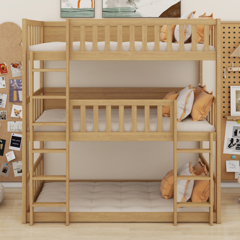 Triple Wood Bunk Bed, With Ladders, Guardrails, White Oak