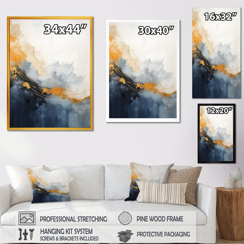 Tempête de marbre bleu et jaune V - art mural abstrait, Cadre flottant doré, 40" H x 30" W