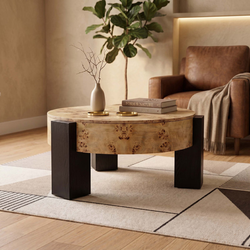Table basse ronde en bois de ronce avec rangement caché et pieds robustes pour les salons modernes