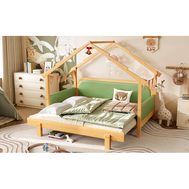 Lit simple en bois dans une cabane dans un arbre avec rails à coussin souple, pour enfants, adolescents, filles, garçons, vert