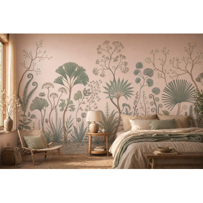 Papier peint botanique pastel, rosé, fond rose, feuillage vert sauge, décoration murale amovible