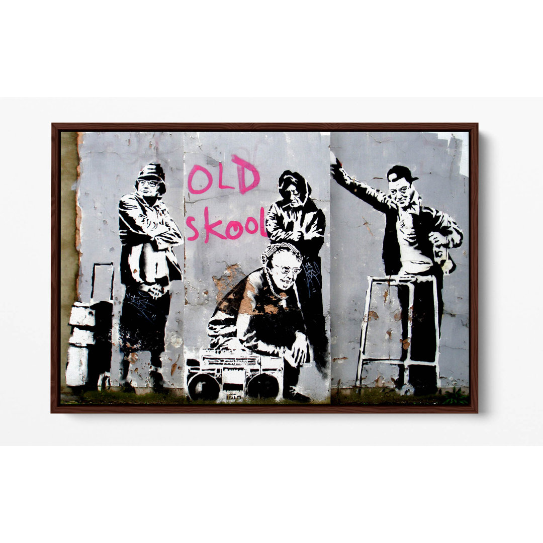 Banksy Old Skool Graffiti Canvas Floater Frame Print Picture Art - Walnut Frame