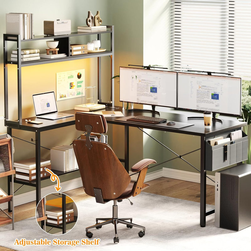 Bureau d'ordinateur en forme de L 59 "avec lumière DEL et prise de courant, Noir