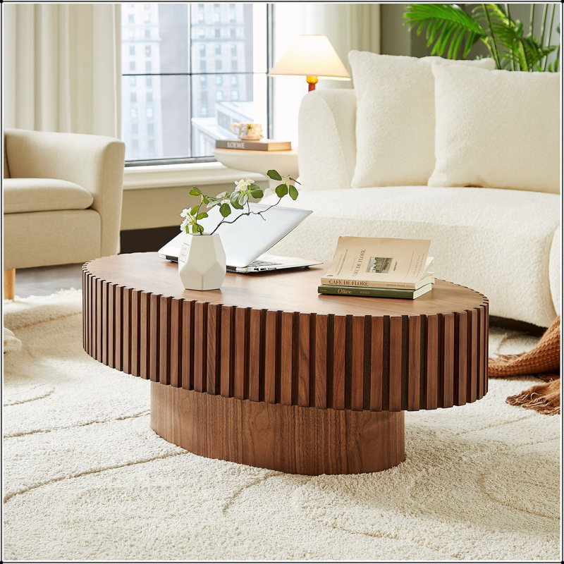 Table basse ovale moderne faite à la main, pied central robuste, design compact pour les petits espaces, finition MDF en noyer pour le salon et la chambre