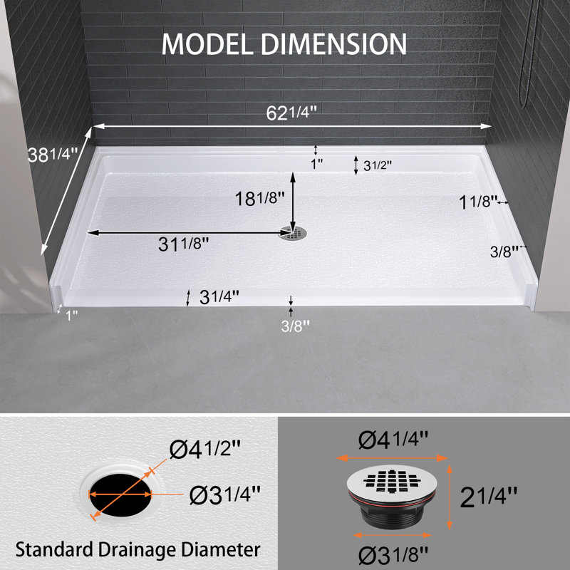 62"Wx38"D ADA Handicapped Acrylic Barrier Free Shower Base Rectangular Glossy White With Center Drain