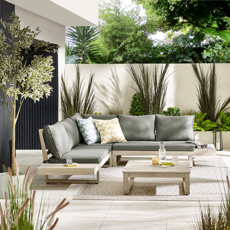 Giyana 6 Person Solid Wood Outdoor Convarsation Set With Coffee Table - Lounge For Modern Garden, Gray/Whitewash