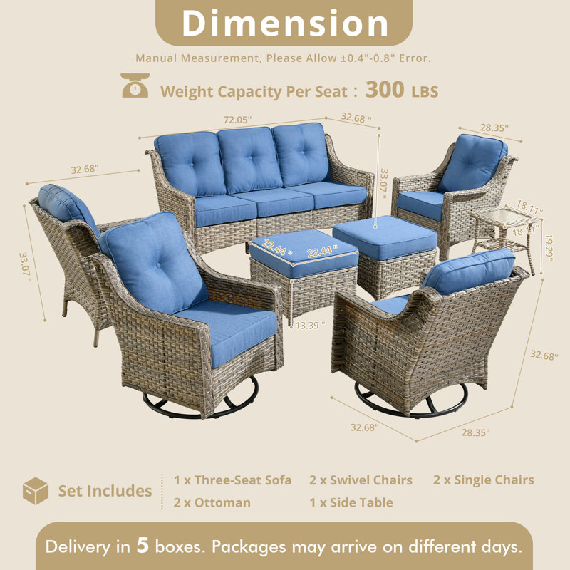 Ensemble de mobilier d'extérieur en osier pour 7 personnes avec chaises berçantes et coussins pivotants et canapé en rotin toutes saisons Sturgill
