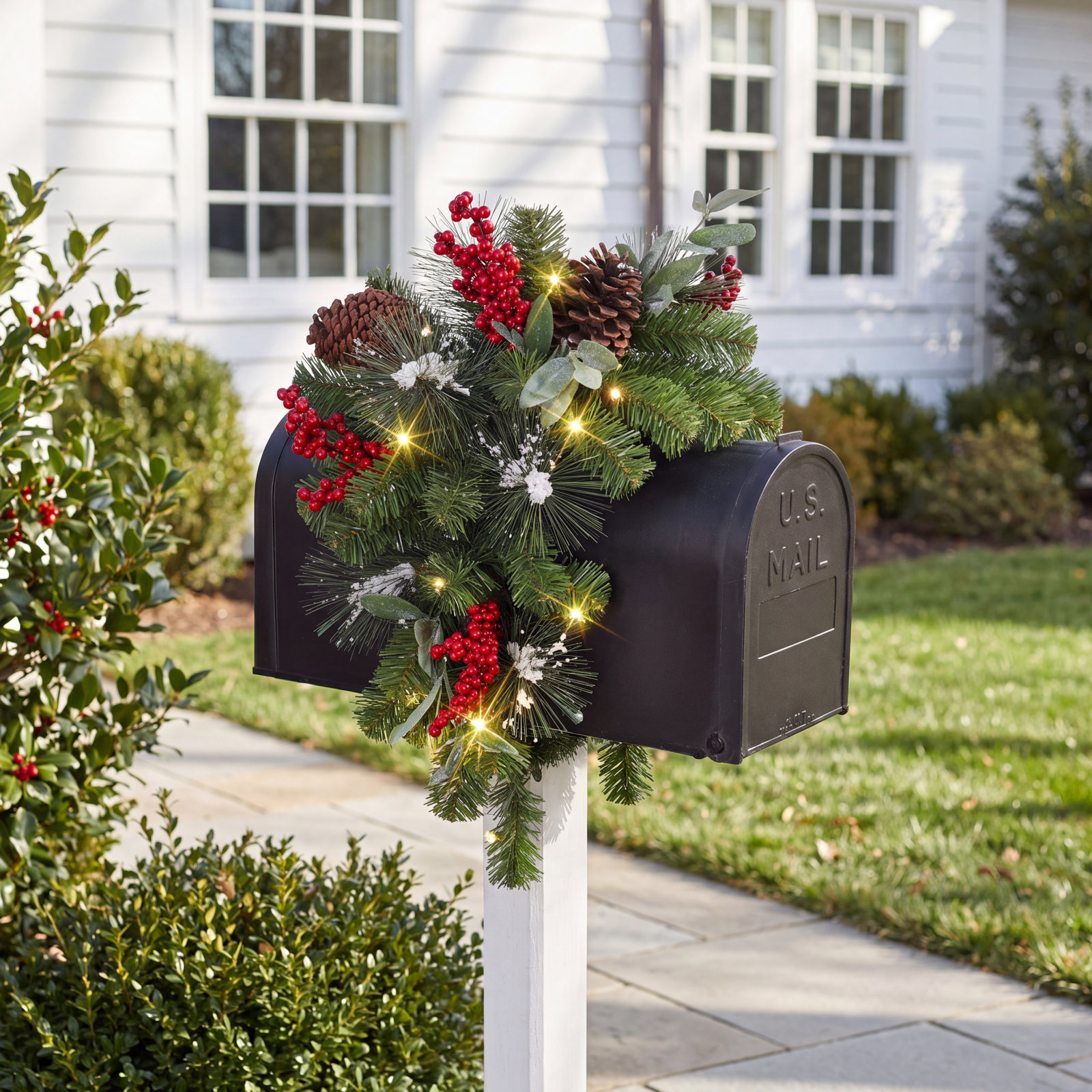 36" Pre-Lit Artificial Pine Mailbox Cover