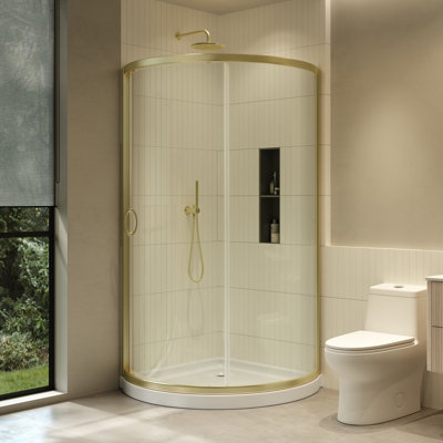 Breeze 40 in. L x 40 in. W x 77 in. H Round Corner Shower Kit in Brushed Gold, Clear Sliding Door and Pan