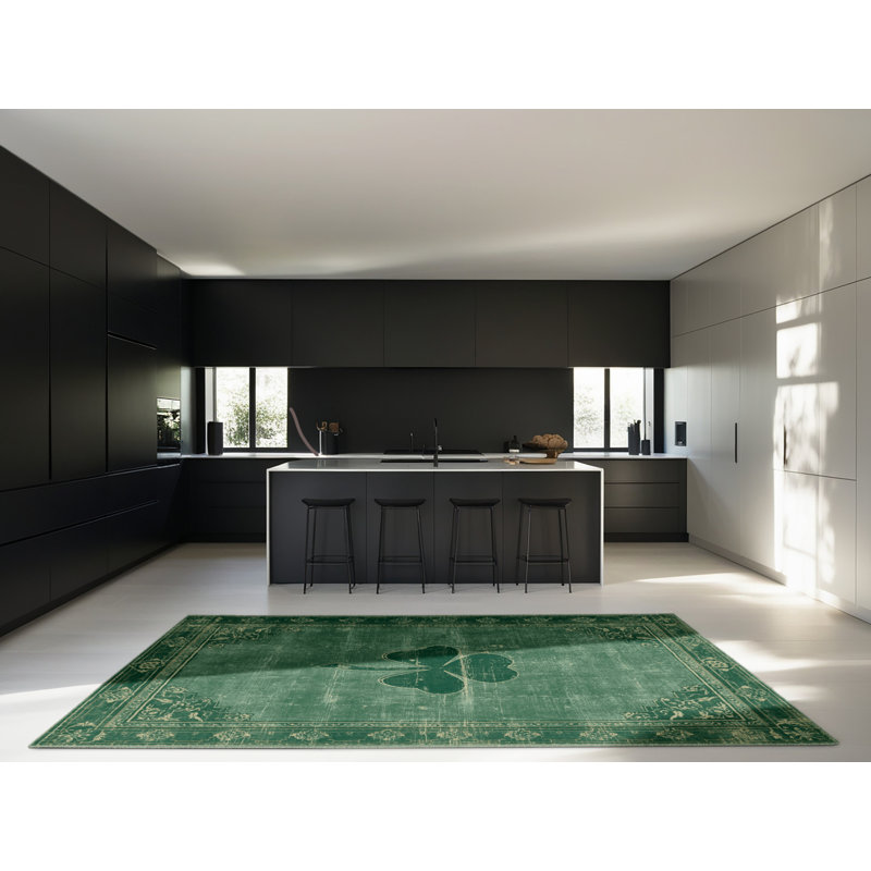 Tapis vert moelleux et moelleux à motif abstrait moderne et contemporain Faye St Patties - reliure vert sauge, 7 x 10