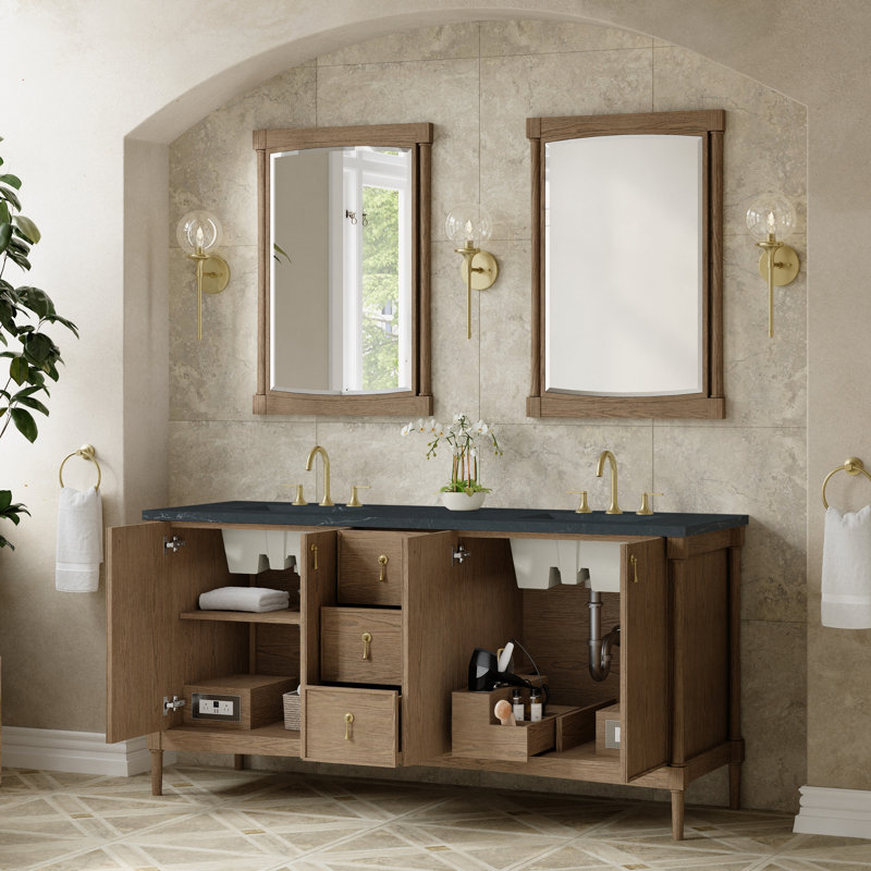 Kinnsden 72" W Double Vanity, Weathered Oak, Charcoal Soapstone Silestone