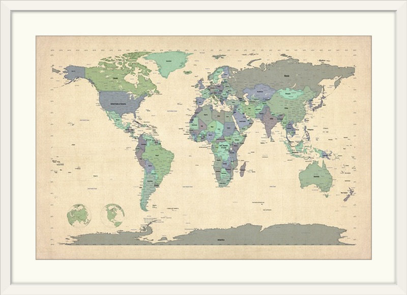 Francy «World Map» par Bellen, impression, H 20 po x l 26 po x P 1 po, Cadre blanc