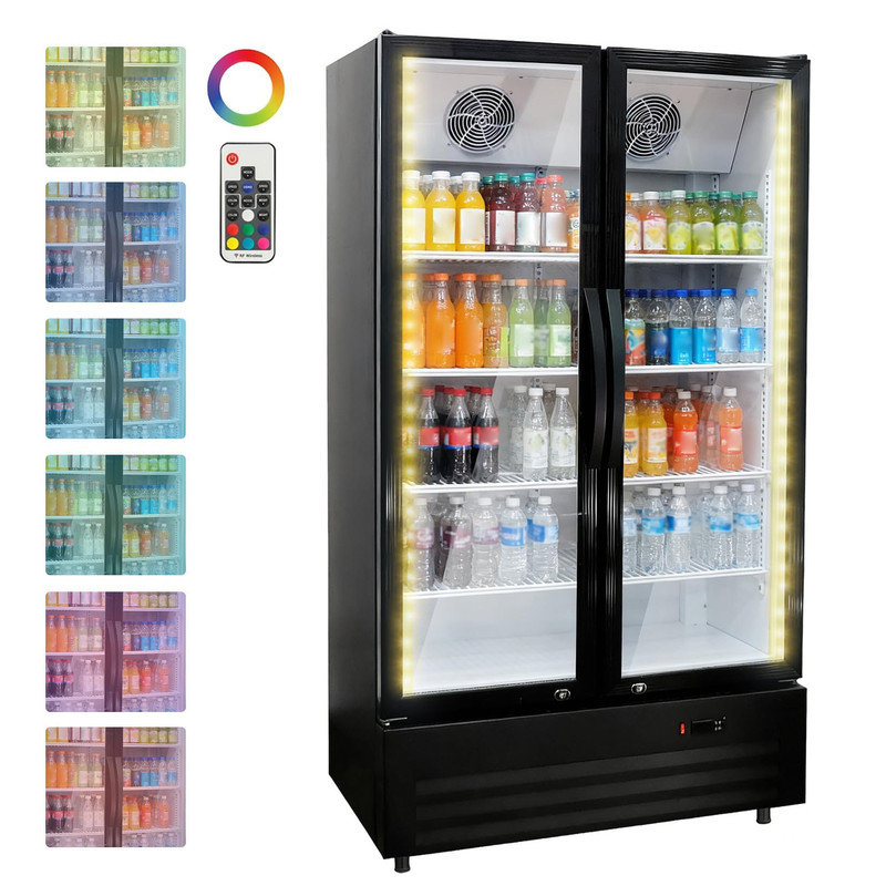 Réfrigérateur à boissons 32,5 pieds cubes, réfrigérateur à double porte vitrée avec 8 tablettes réglables, sans givre, Noir