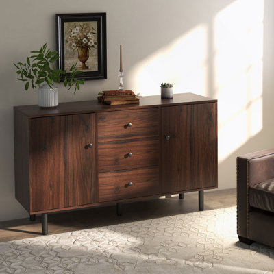 Buffet, armoire de cuisine avec 2 armoires, 3 tiroirs et tablettes réglables, armoire à café pour le salon, entrée, brun rustique