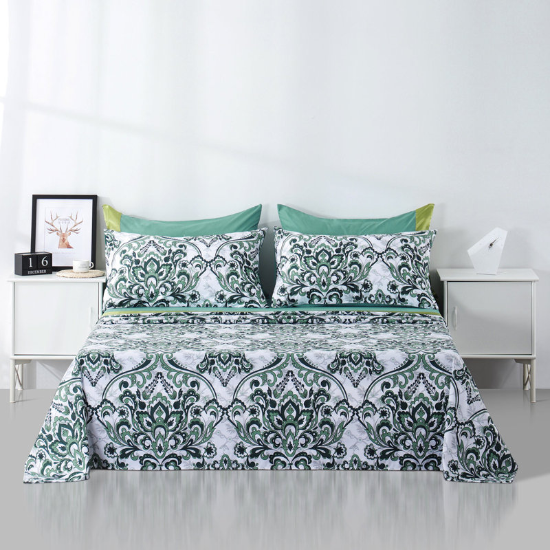 Ensemble de draps 6 pièces Polycotton, Courtepointe très grand + 5 pièces supplémentai, Motif vert