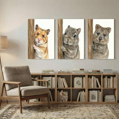 Animals Three Hamsters Peeking Behind Wooden Posts Set of 3 Canvas Wall Art Prints