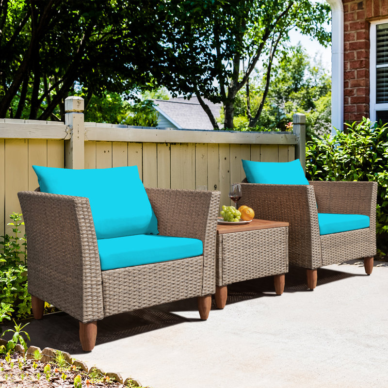 Antun Acacia 2 - Person Patio Conversation Set with Cushions, Brown Frame/Turquoise Cushion