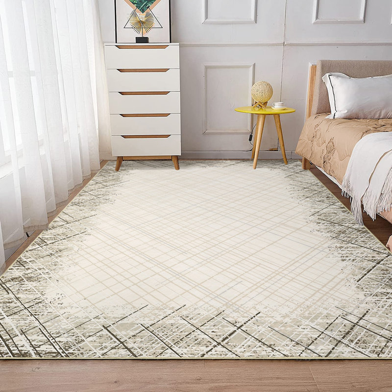 Machine Washable Rug with Rubber Backing for Living Room Abstract Non-Slip Dining Room Rug Bordered Printed Faux Wool Rugs for Bedroom Floor Carpet for Office Nursery Playroom