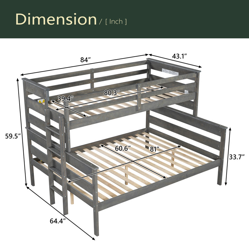 Lit simple superposé au-dessus de grand lit en bois avec échelle Wood, Gris