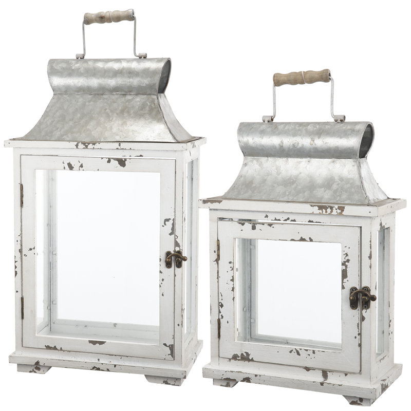 S / 2 Evelyn Rustic Farmhouse Lanterns for Electronic Candles – White/Silver