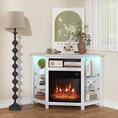 Electric Fireplace Corner TV Stand For Tvs Up To 50 Inches, Modern Fireplace Entertainment Center With 16-Color LED Lights, Adjustable Shelves, Remote & Smart APP Control (White)