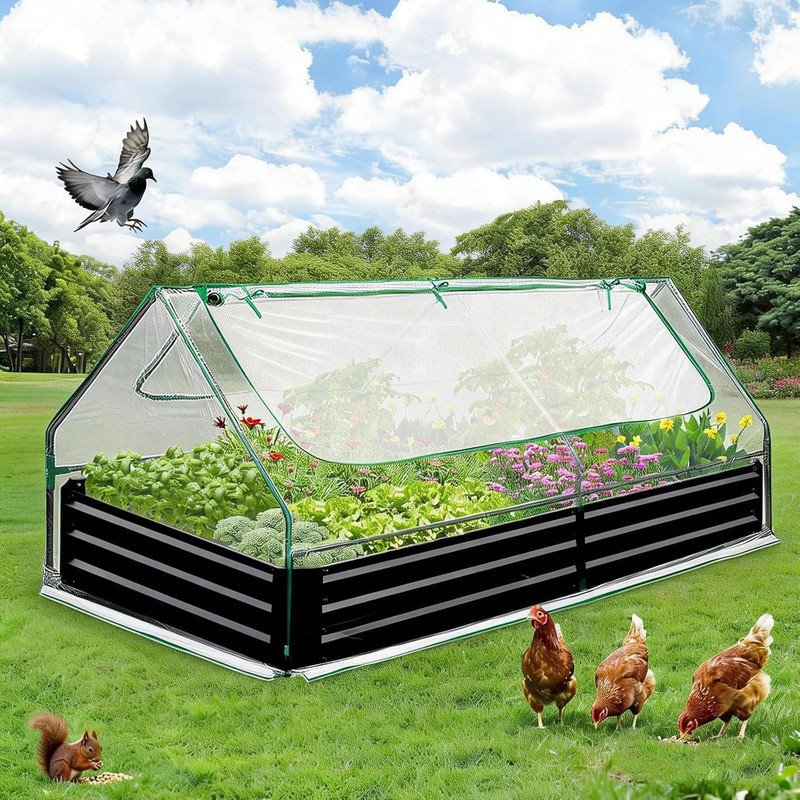 6-8 FT Raised Garden Bed with Greenhouse Cover, Galvanized Metal Planter Box with Screen Windows, Black