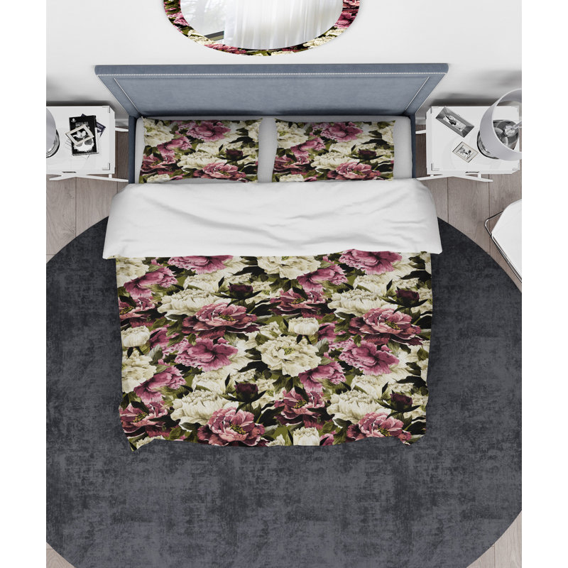 Ensemble de housse de couette designart à fleurs pivoines, Housse de couette grand + 2 taies décoratives