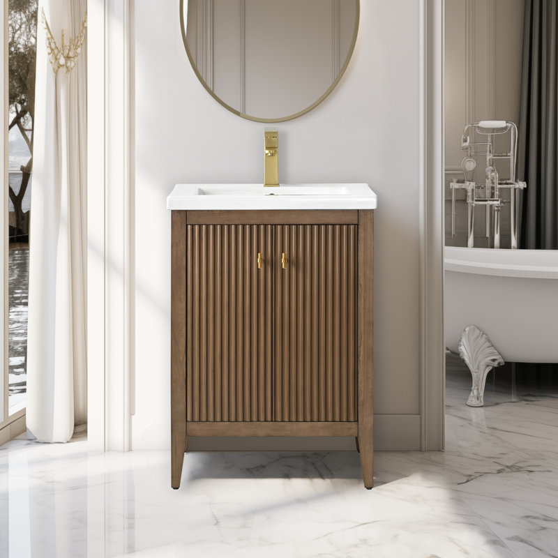 Ensemble de meuble-lavabo sur pied lavabo simple 24 po avec plateau en céramique blanche, Noyer linéaire, Doré brossé, 24"
