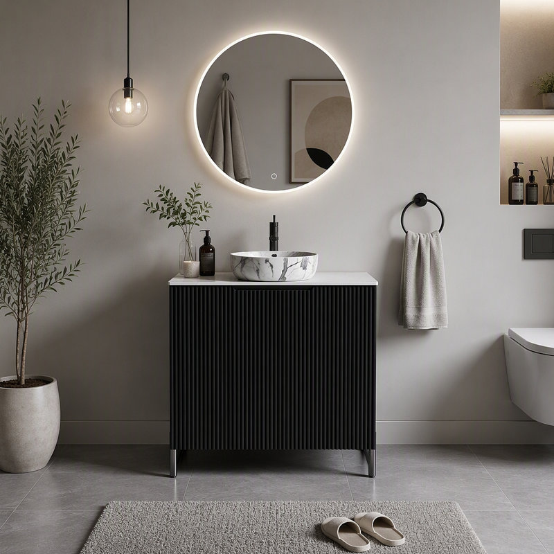 Meuble-lavabo autoportant 30 po avec lavabo, grande vasque de rangement pour salle de bain moderne, lavabo une pièce sans drain et robinet, KD