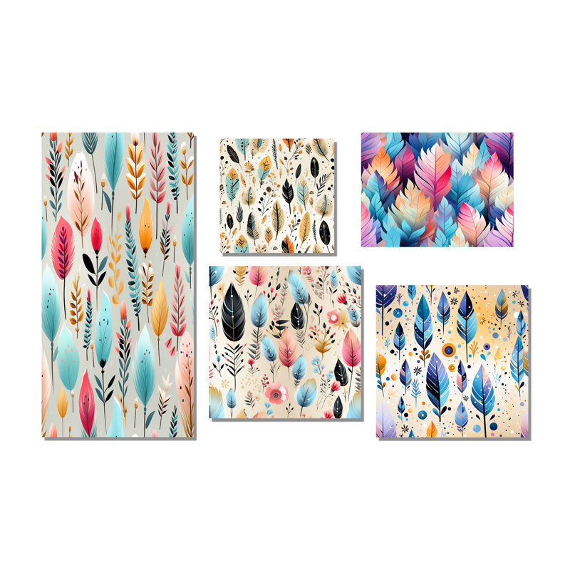 Motif bohémien rustique - ensemble de 5 impressions sur toile florales, Toile tendue