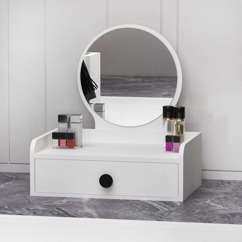 Stylish Make-Up Table with Mirror, White, 23.6 x 8.6 x 15.7 inches | 100% Melamine Coated Particle Board, Thickness: 0.7 inches | Wall-Mountable Design, Perfect for Modern Vanities & Compact Spaces