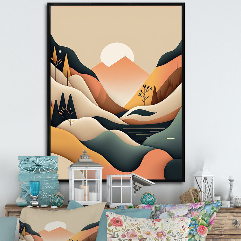 «White Moon In Graphic Mountains», reproduction sur toile, H 32 po x l 16 po x P 1 po, Toile avec cadre flottant noir