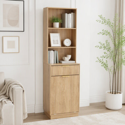 Tall Narrow Fluted Storage Cabinet with Hidden Trash Compartment